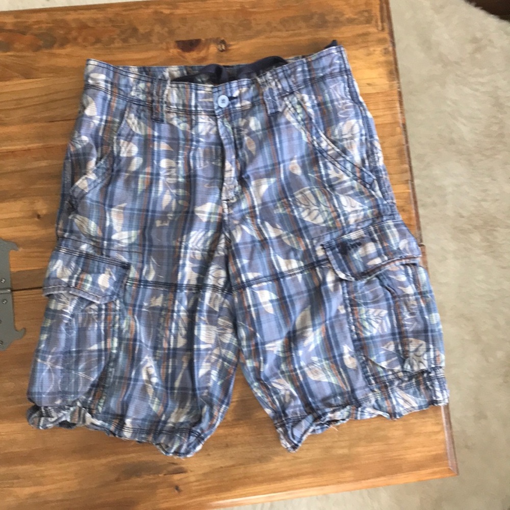 ❤️Blue Plaid Tropical Cargo Shorts 31W